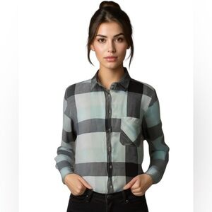 Mint Plaid Casual Cotton Button Up Long Sleeve Top S
